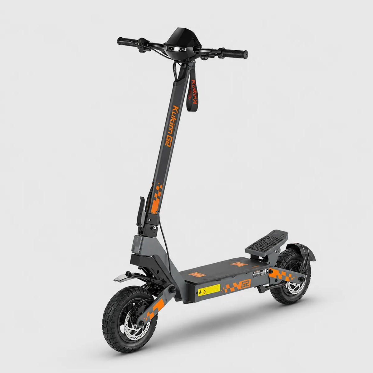 Trottinette électrique Kukirin G2 de trois quarts avant, cadre gris et orange