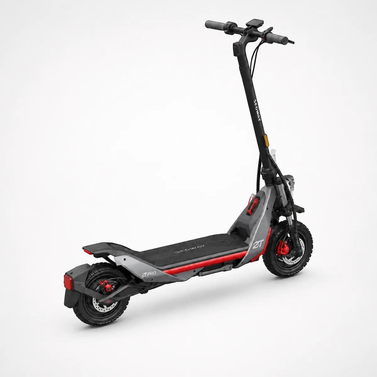 Segway Ninebot ZT3 Pro de trois quarts avant, chassis gris et rouge
