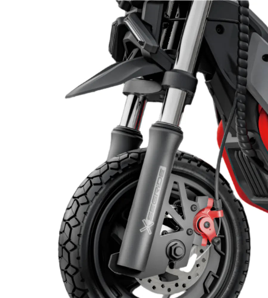 Détail de la roue avant de la ZT3 Pro : fourche SegRide, étrier de frein rouge et disque
